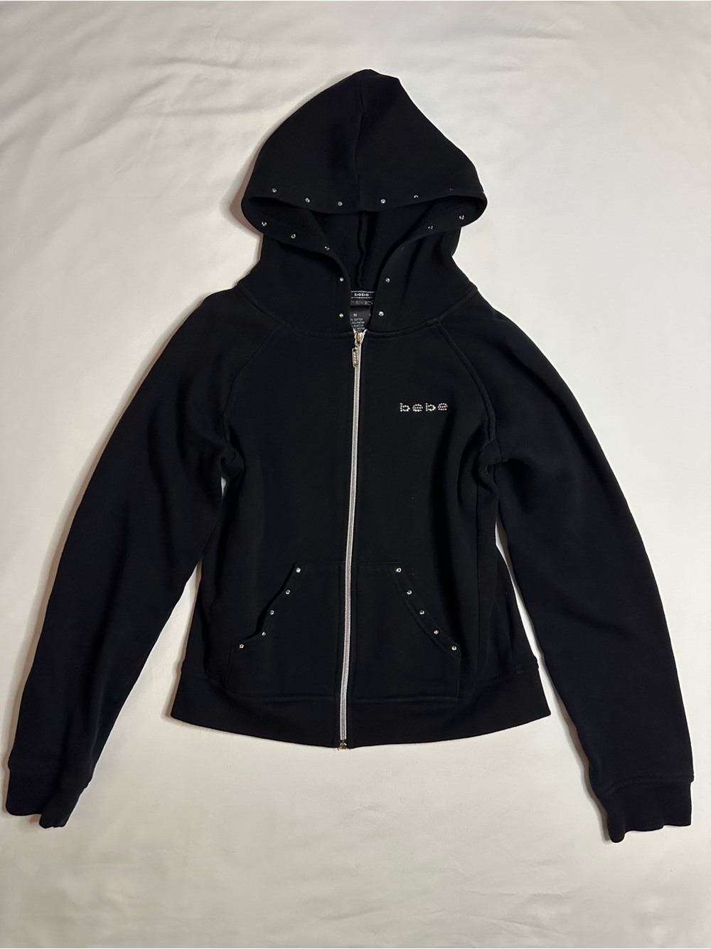 bebe Black Hooded Zip Sweatshirt with Rhinestone Accents